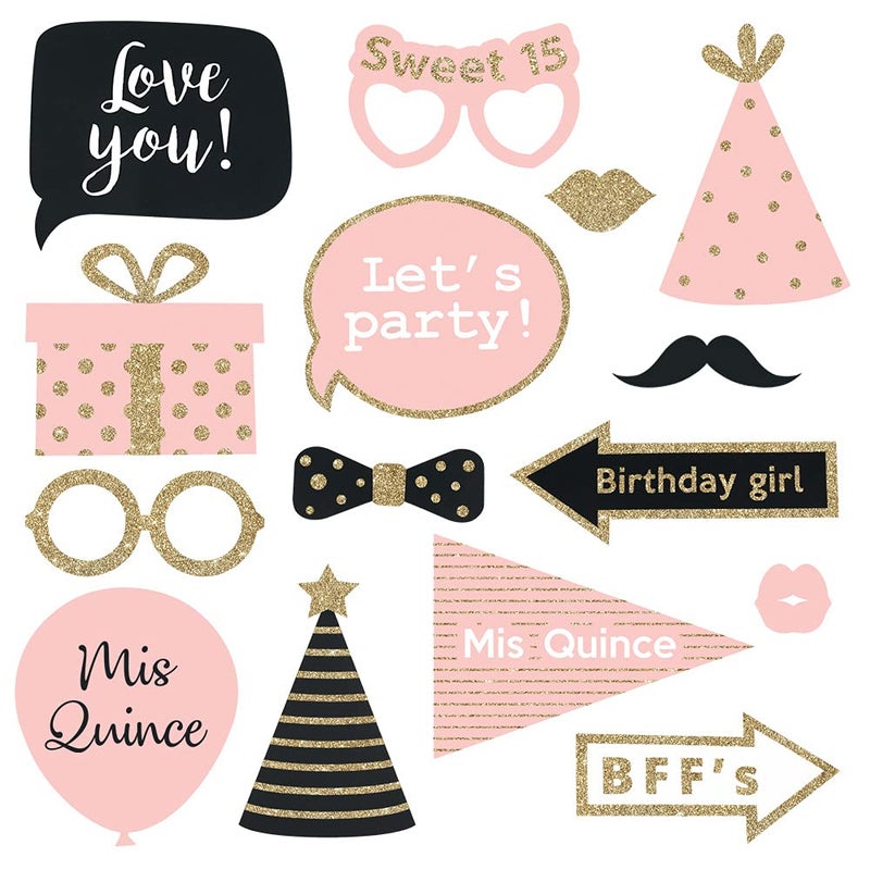 Perfect Occasion Fully Assembled 15 Birthday Quinceanera Photo Booth Props - Set of 30 - Pink & Gold Quince Selfie Signs - Cute 15th Party Supplies & Decorations with Real Glitter - Did We Mention No DIY - Image 5